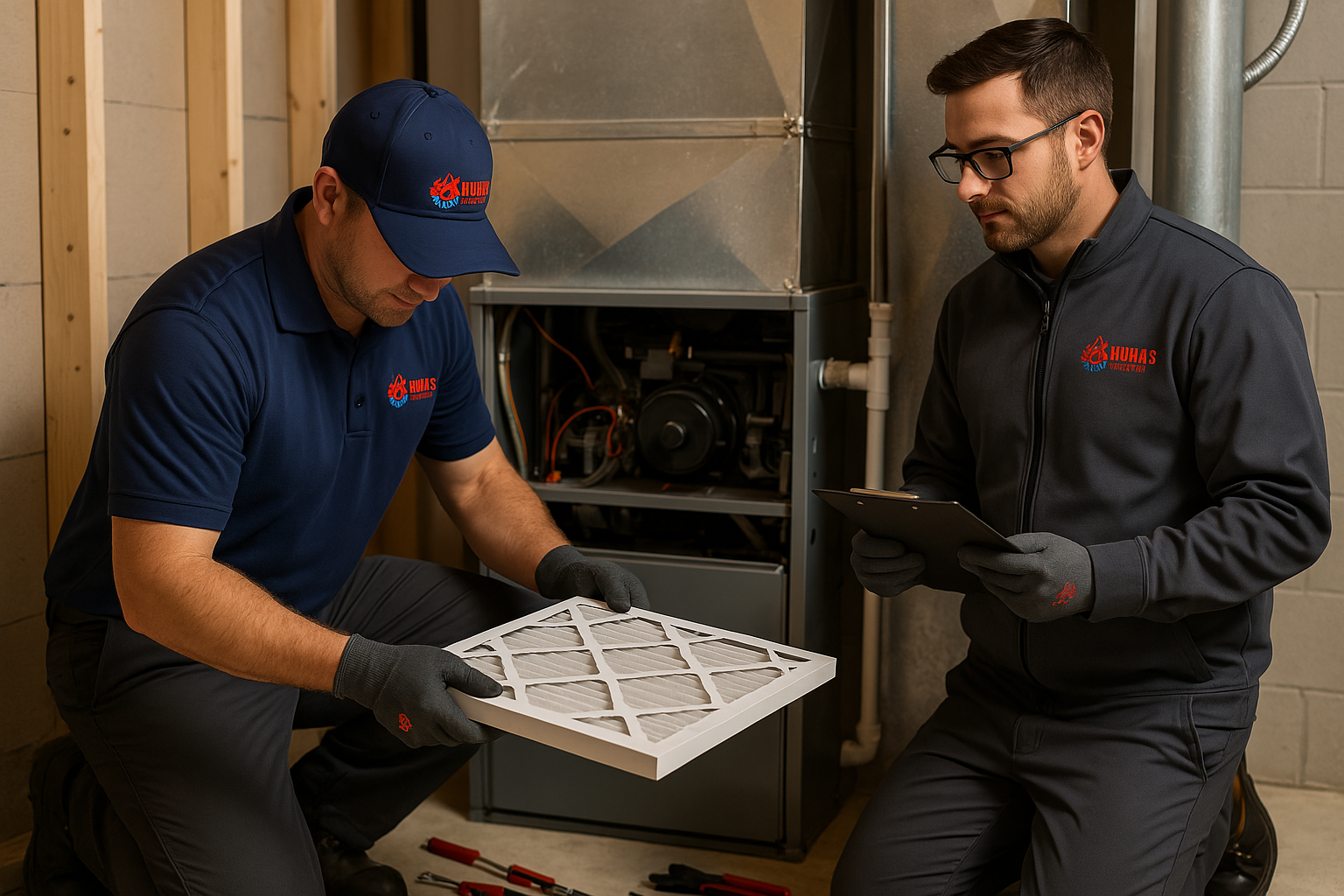 two techs holding filter