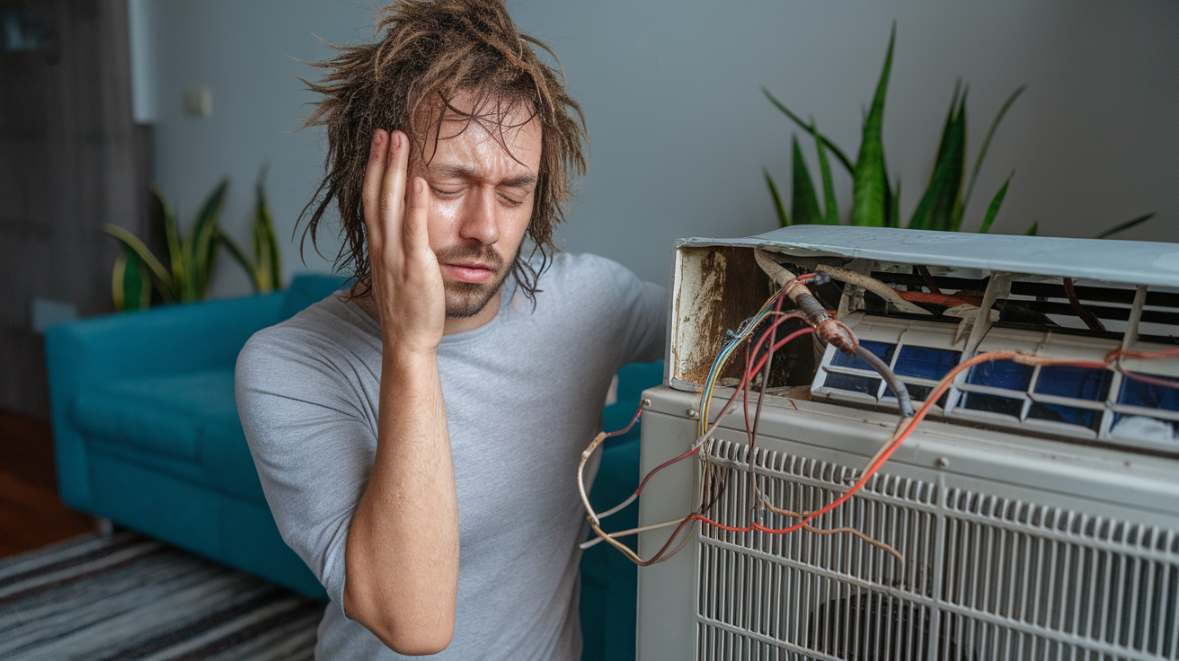 man sad sitting next to hvac unit