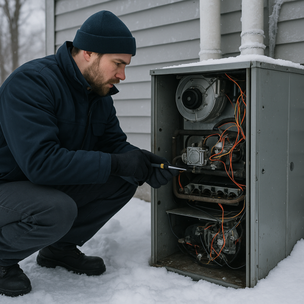 Technicians Fixing Furnace in cold weather