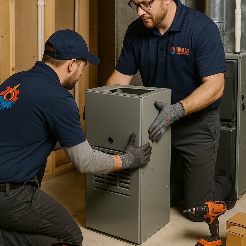 2 workers holding furnace